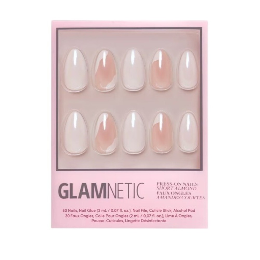 Glamnetic Short Almond Press-On Nails Set 30ct Pink White Swirl Manicure Kit